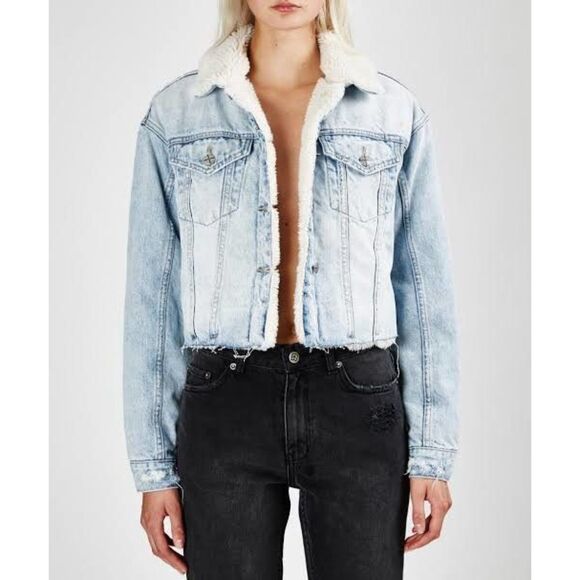 KSUBI Jean Jacket Womens Small Blue Light Wash Plush Sherpa Lined Cropped Logo - Picture 1 of 10